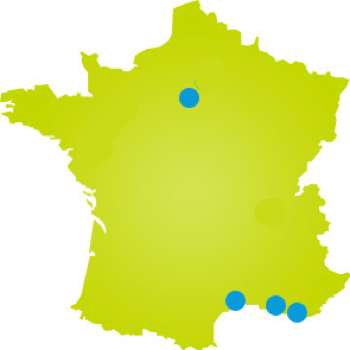 Carte de France localisant les agences MC PRO, entreprise de nettoyage à Paris, Marseille, Montpellier et Toulon.